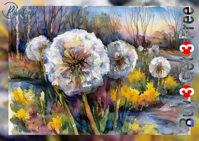 Löwenzahn Samenköpfe mit gelben Wildblumen im Querformat | Druck auf mattem Papier