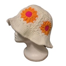 Handmade Crochet Daisy Bucket Hat White Orange Pink Yellow Sz Small Adult/Teen