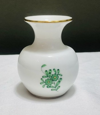 Herend Hungary Hand Painted Mini 2-3/4  Bud Vase Green Floral Gold Rim Porcelain