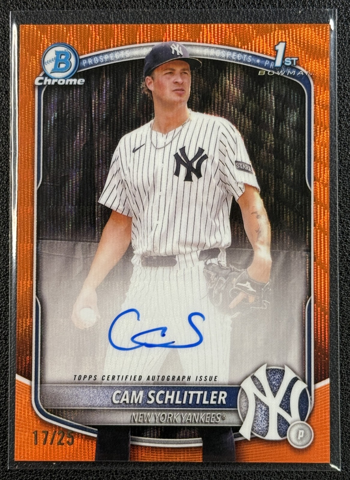 CAM SCHLITTLER 2025 BOWMAN CHROME ORANGE WAVE REFRACTOR 1ST RC AUTO 17/25