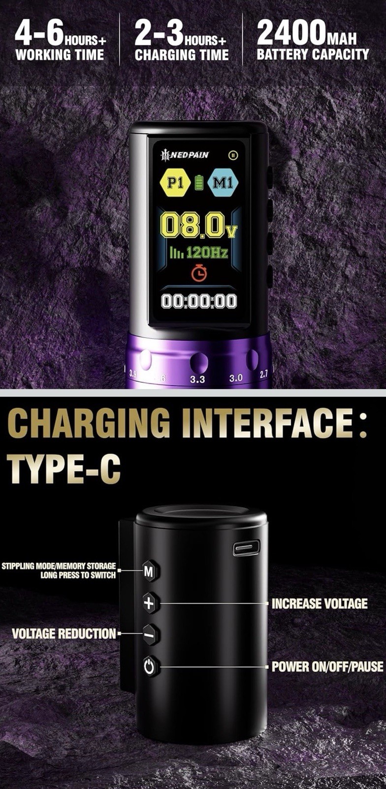 Wireless Tattoo Machine Pen Set, 1.47 in, 2400mAh, Dotting & Memory Function