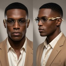 Men Classy Retro Hip Hop Clear Lens Eyewear Rimless Gold Frame Vintage UV400 New