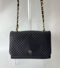 Tory Birch Quilted Embossed Mini Gold Chain Black Crossbody Bag
