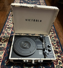 Victrola Portable Suitcase Record Player Turntable, White/Black Map Print, Jack