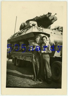 WWII US GI Photo 277th Ordnance GIs Drink w/ M18 Hellcat Tank On M9 Trailer
