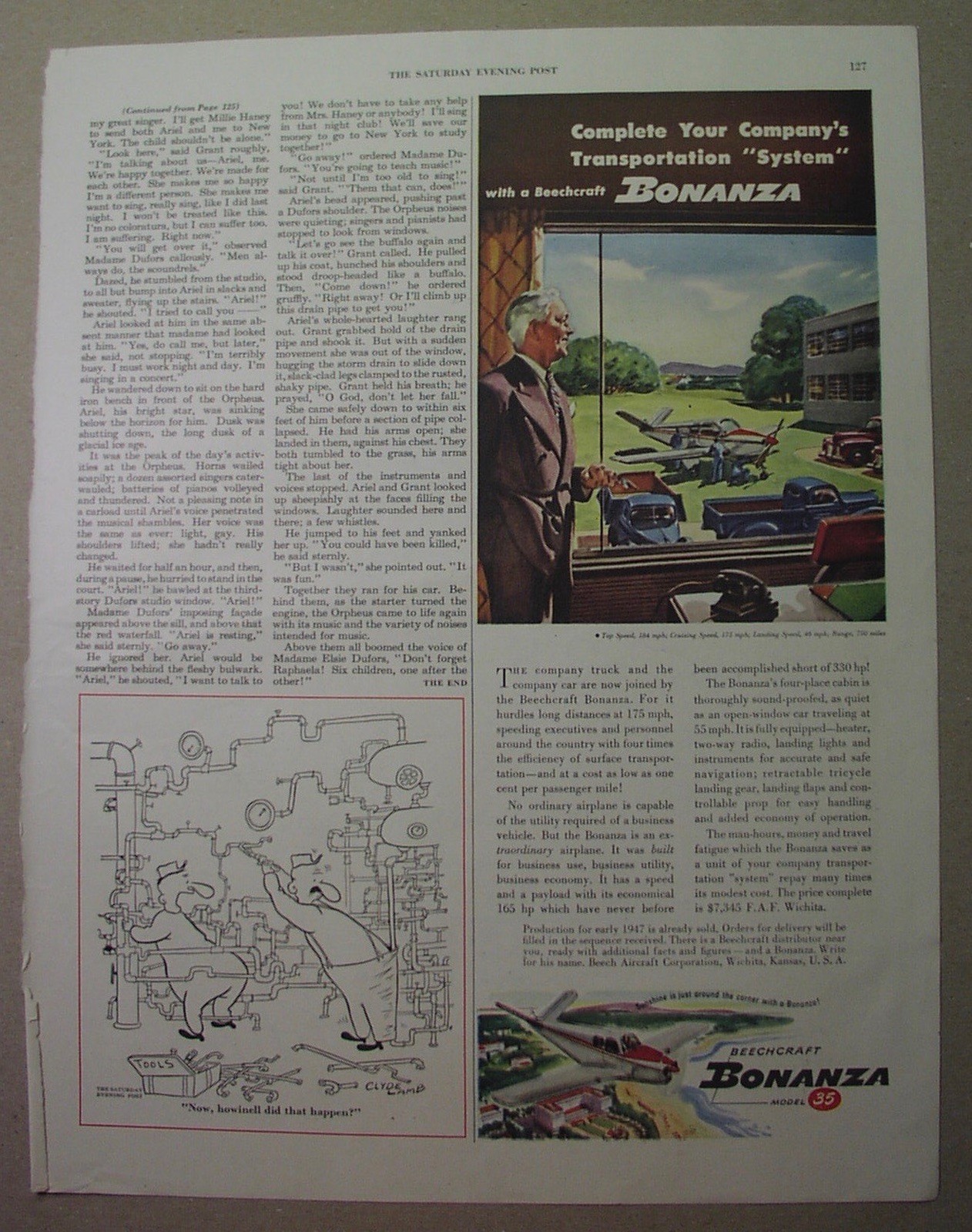 BEECHCRAFT airplanes - 7 ads, 1942-1947; WICHITA Kansas; Bonanza; KING of BORNEO