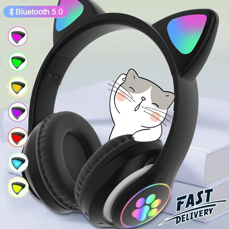 Faltbare Kopfhörer Katze Ohr Kinder Bluetooth Headset mit LED Licht Headphone DE - Bild 2 von 4