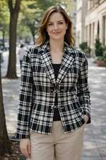 Trina Turk Womens  Blazer Jacket Plaid White Black Size 4 Classy Preppy