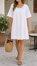 Urban Outfitters Solid Tunic Dress Short Sleeve Round Neck Cotton White S 213806