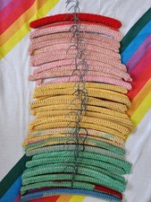 Lot Of 33 Vintage 1970s Handmade Multicolor Crochet Wooden Clothes Hangers