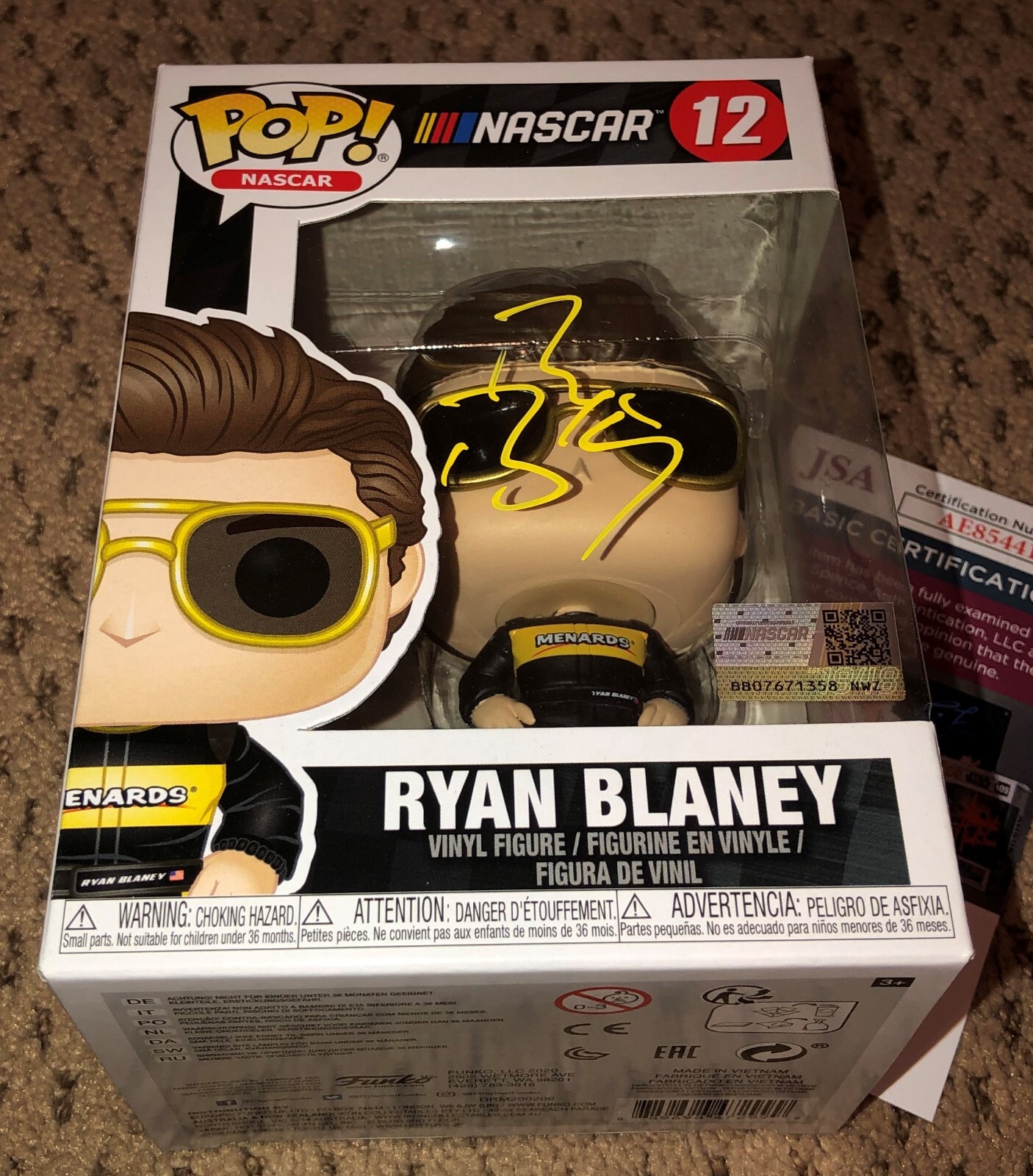 Ryan Blaney Firmado Funko Pop Jsa Autógrafo Nascar Menards