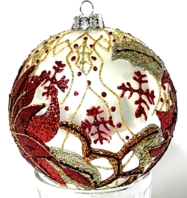 glass Christmas ornament poinsettia 4" ball red gold silver white