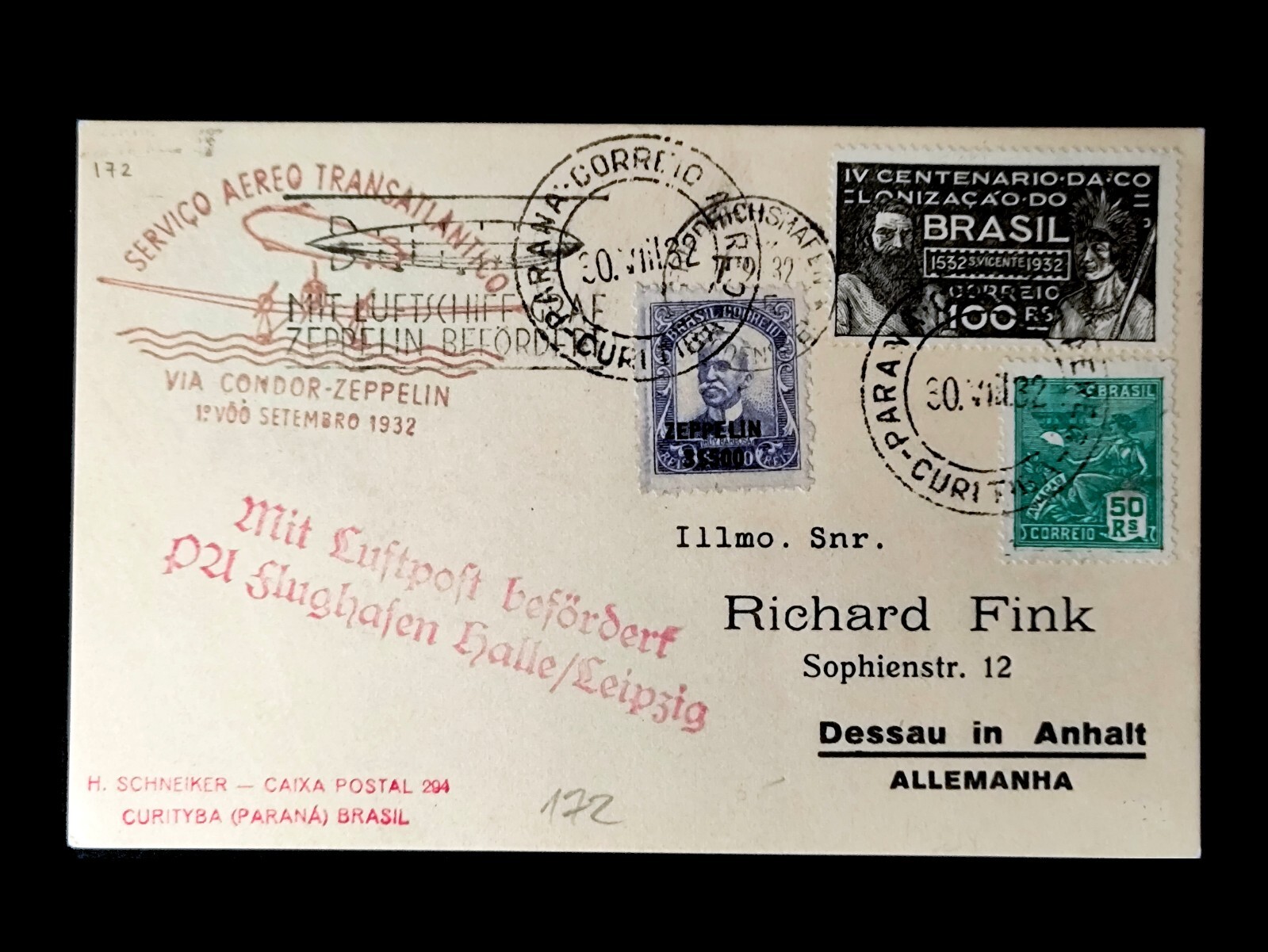 Zeppelin 1933 Brazil Curitiba to Germany Dassau - Sieger Katalog 172A