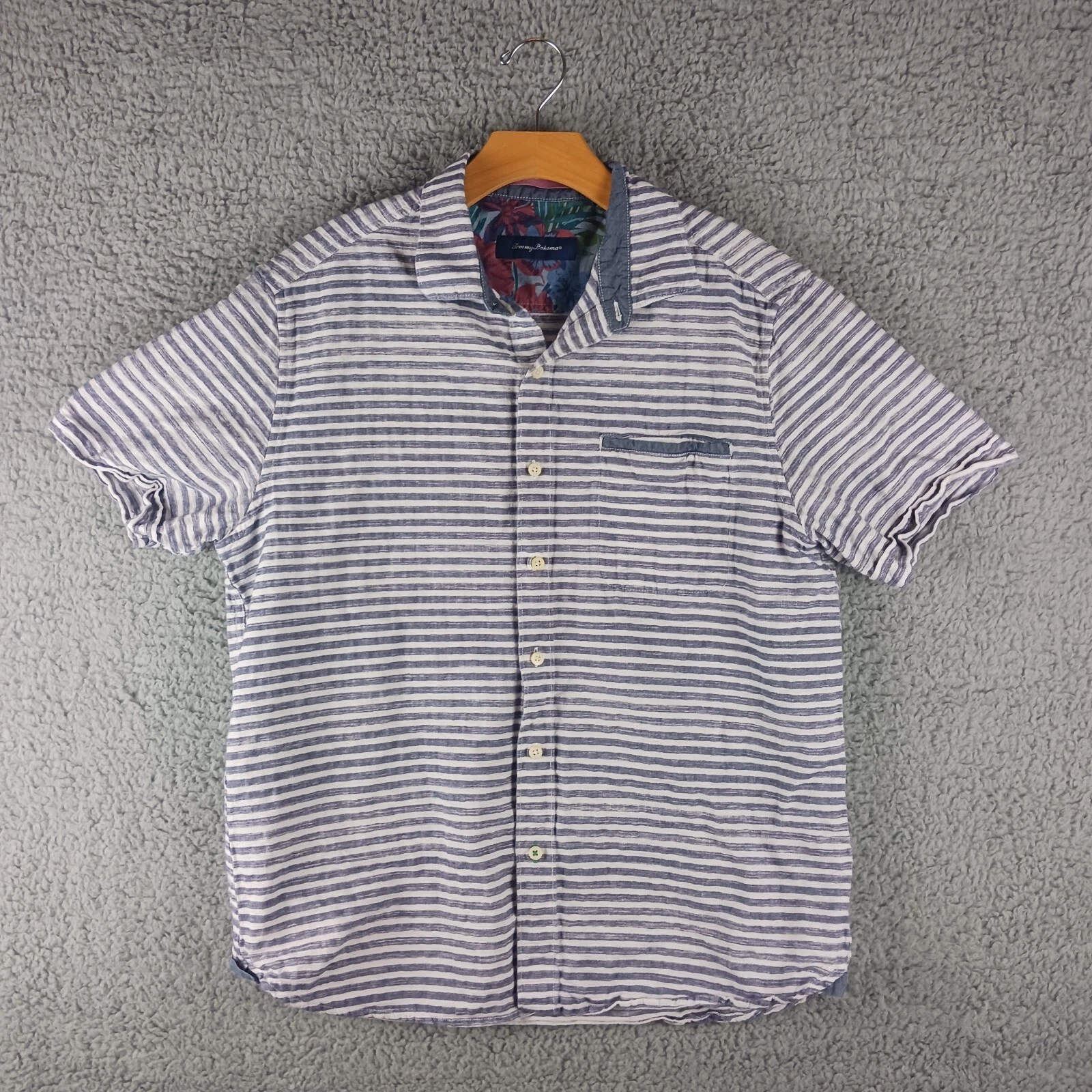 Tommy Bahama Polo Mens Shirt Large Blue Striped Button Up Casual Floral Collar