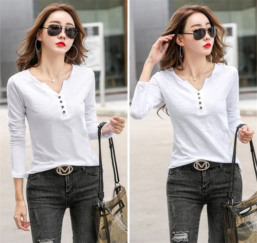 Womens Cotton Long Sleeve T Shirt Loose V Neck Slub Cotton Casual Blouse Tops US - Bild 9 von 49