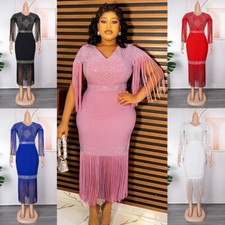 Women African Dashiki Party Gown Evening Tassel Rhinestone Bodycon Maxi Dresses