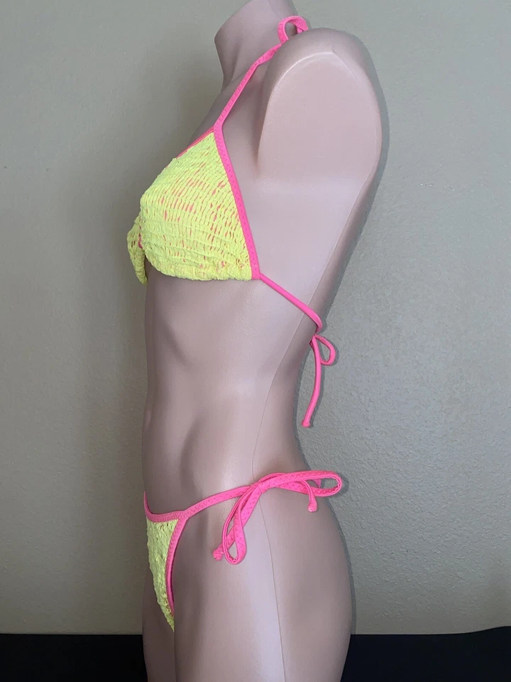 De colección Ritchie Traje de Baño Corbata Lateral Crepé Red Neón Amarillo/Rosa Tanga Bikini 5/6 Foto 2 de 4