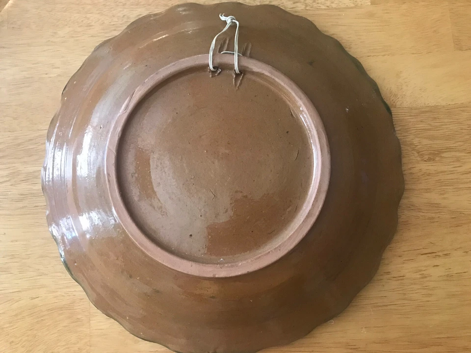 Primitive Terra Cotta Pottery Hanging Plate 9.5" Carved Peacock Crimped Rim - Image 2 of 2