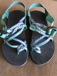 blue and green chacos