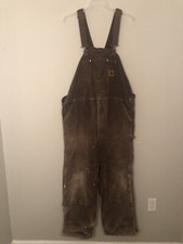 Carhartt Bib Insulated Overalls Brown Duck Double Knee R27 DKB 46X30 Thrashed