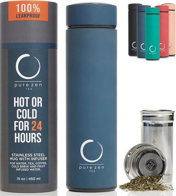 Stainless Steel Tea Infuser Bottle 15oz Leakproof Travel Mug Blue