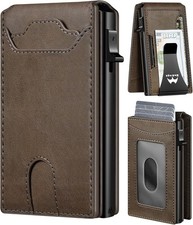 Mens Slim Wallet Pop Up Card Holder RFID Blocking Aluminum Leather Money Clip