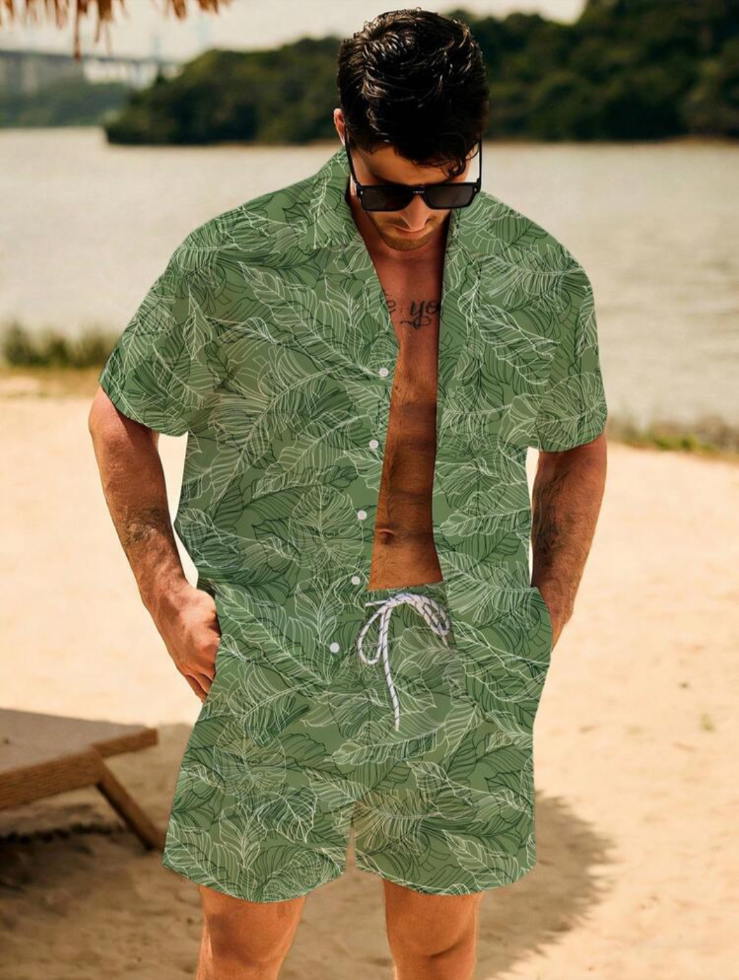 Hawaiian Tropical Botanical Print Green Button 2Piece Set Mens Swimwear XXL