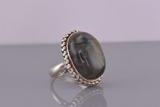 Sterling Silver Labradorite Oval Cabochon Overlapping Bezel Band Ring 925 Sz: 7