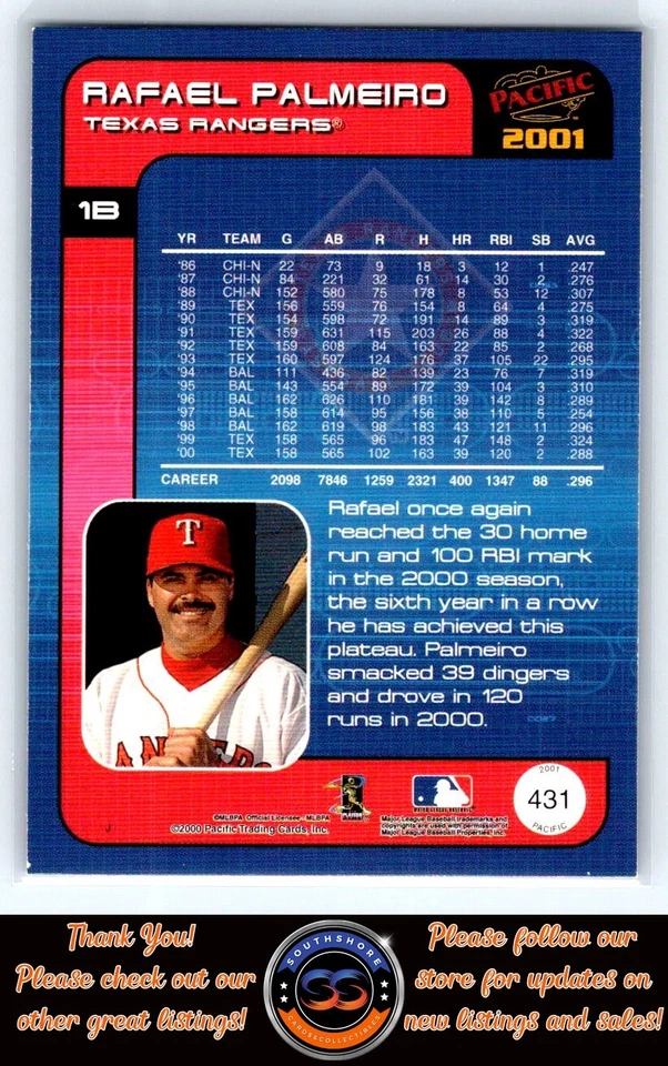 Rafael Palmeiro 2001 Pacific #431 Texas Rangers - Image 2 of 2