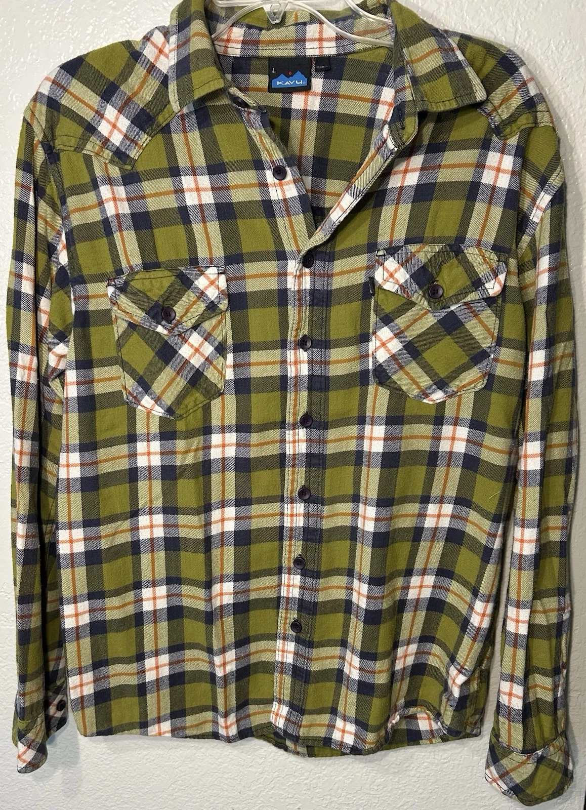 KAVU Western Flannel Mens L Green Plaid Tartan Long Sleeve Outdoor Button Up