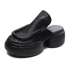 Women's Leather Platform Mules Chunky Block Heel Slip On Summer Sandals
