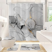 4 Pcs Bathroom Shower Curtain Set with Non-Slip Rugs, Toilet Lid Cover Grey