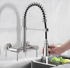 Brushed Nickel Wall-Mount Kitchen Faucet with Pull-Down Sprayer 2 Handles