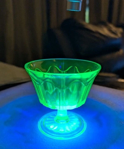 Hocking Uranium Glass Colonial Knife & Fork Green Sherbet Dish Glows