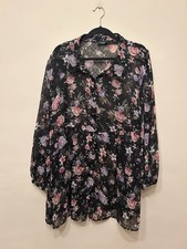Yours Clothing Black Floral Sheer Dobby Mesh Smock Peplum Blouse Size 24