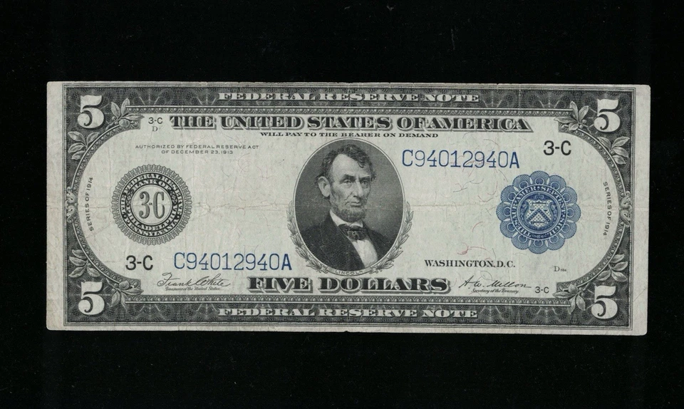SC 1914 $5 Philadelphia, PA Federal Reserve Note FRN (940A) - Image 2 of 4