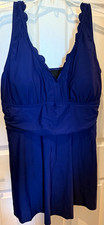 Womens Blue Solid Swimsuit Swimdress 2X Plus Adjustable Wide Scalloped Straps   