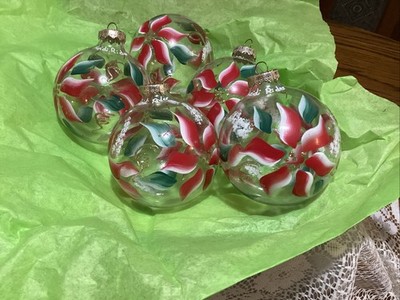 Vintage 5~3 Christmas Ornaments Beautiful hand painted Poinsettia Flowers Signed