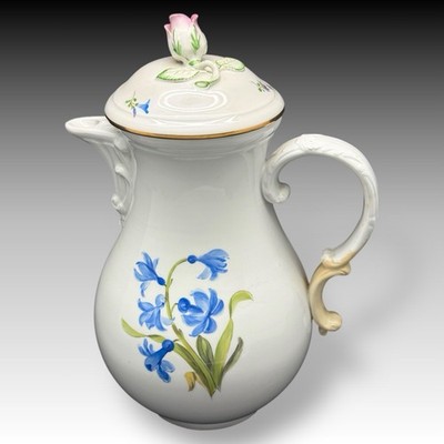 Antique Meissen Porcelain Coffee Pot with Rose Finial Lid   Hand Painted Floral