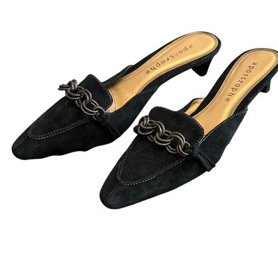 Apostrophe Black Leather Chain Mule Kitten Heels Sz 7 Y2K Academia Minimalist