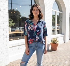 MEDIUM women JOHNNY WAS floral button up shirt 100 silk