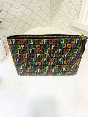Authentic Fendi FF Vertigo Multicolor Logo Large Zip Pouch Clutch 8BH185 D13
