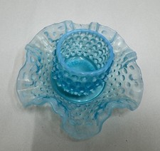 Vintage Blue Opalescent Hobnail Glass Votive Candle Holder w/ Ruffled Underplate