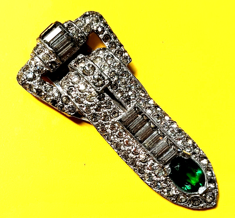 Vtg Art Deco Signed Green Glass Rhinestone Silver? Dress Clip Kramer Brooch Lot