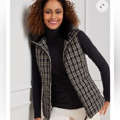 NWT Talbots FAUX FUR COLLAR DOWN PUFFER VEST Plaid Houndstooth Size S