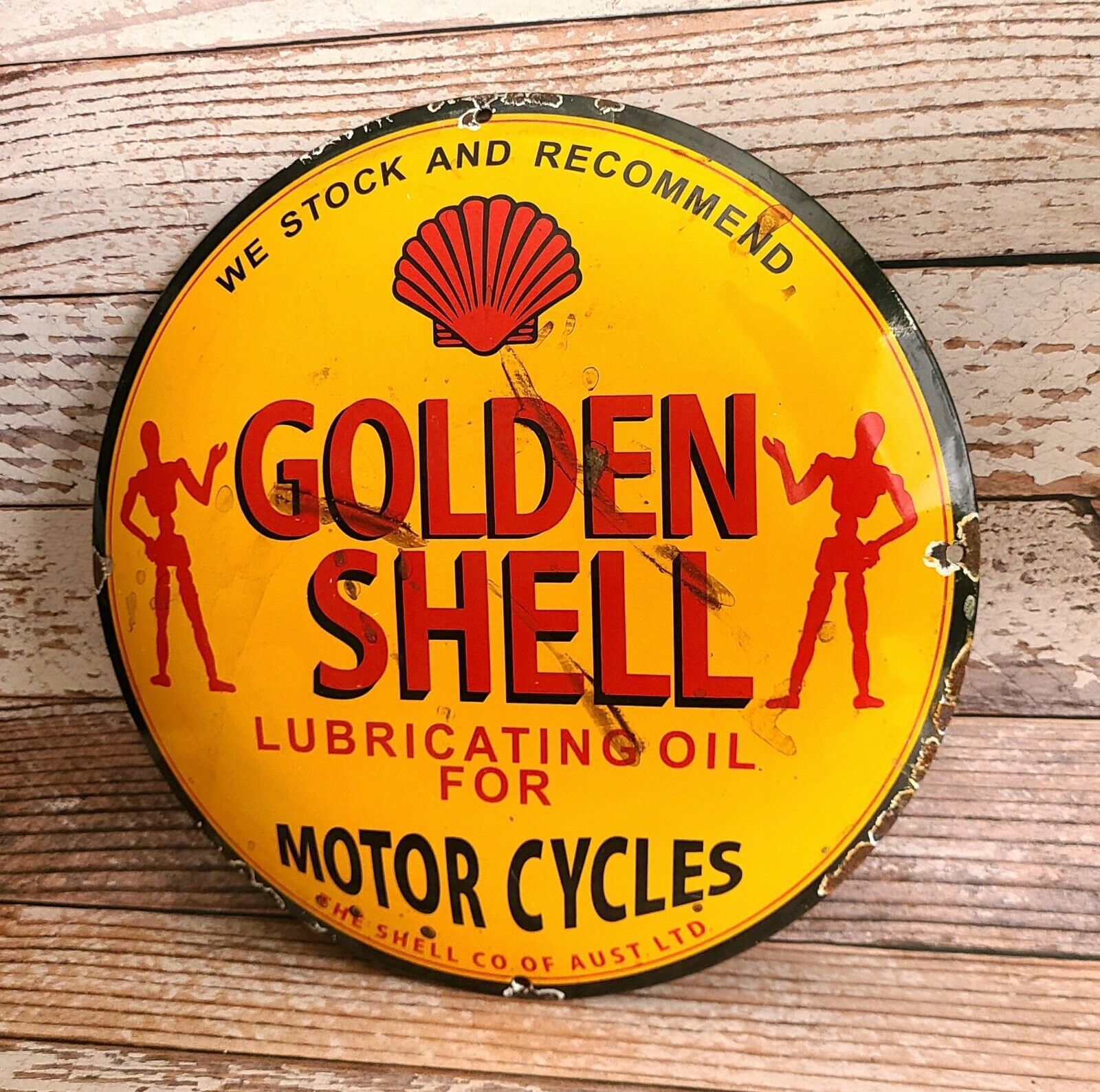 Vintage Golden SHELL Motorcycle Lubricating Oil Porcelain Metal Sign