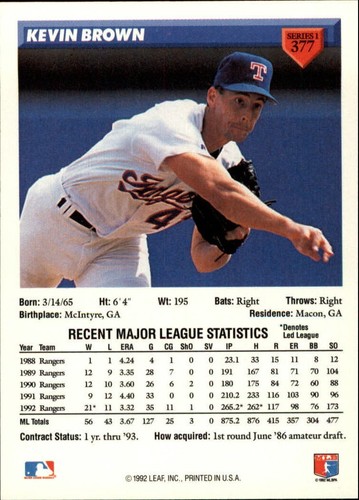 1993 Donruss Kevin Brown #377 Series 1 Texas Rangers Baseball Card - Picture 2 of 2