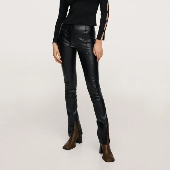 Mango Faux leather black leggings split hem