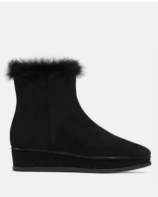 $500 Tory Burch Marcel Genuine Shearling Wedge Booties Black Suede Size 7.5