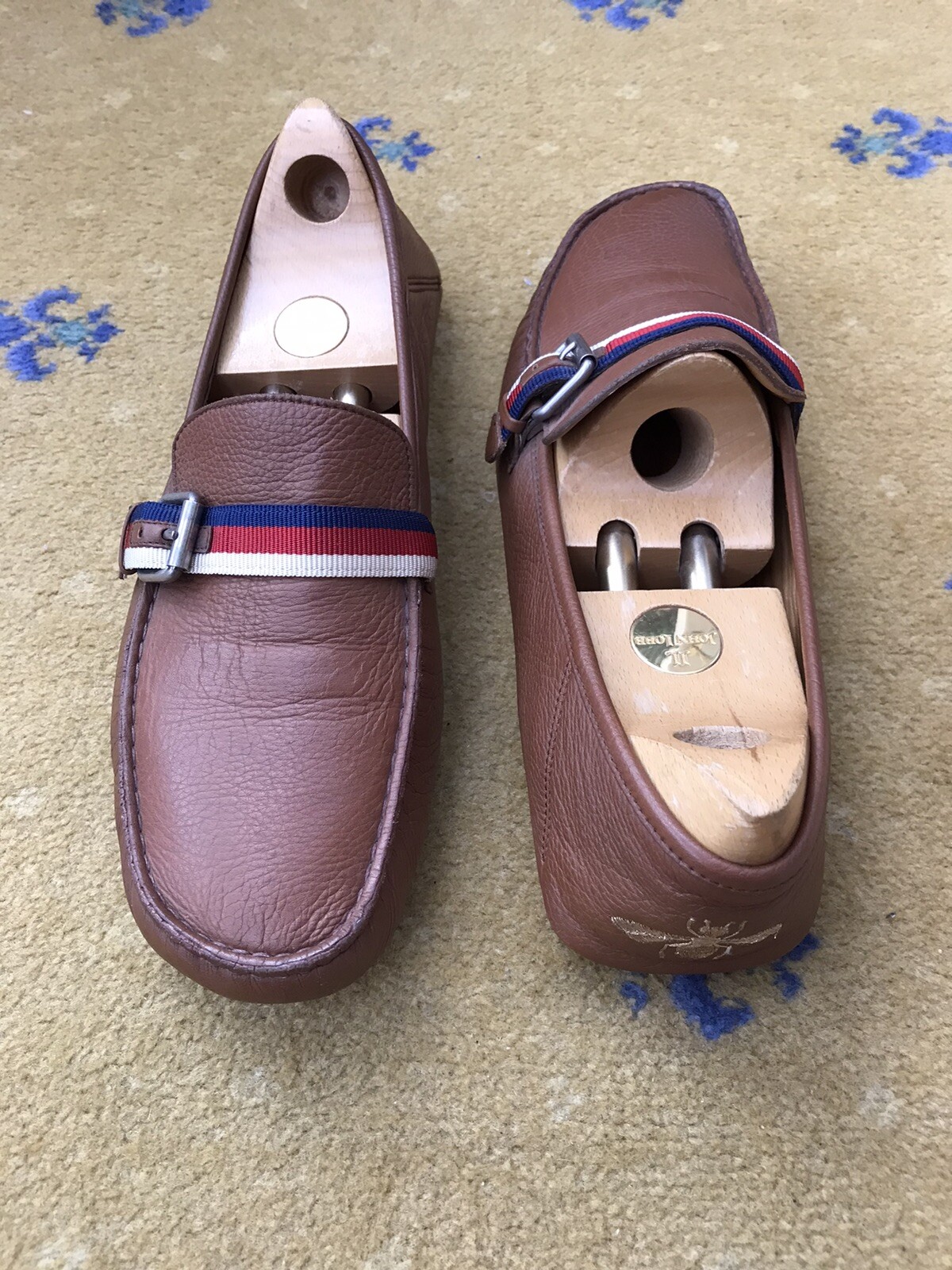 Gucci Leather Loafers Tan Driver Bee Web Blue Red Mens US 11 UK 10.5 EU 44.5-image